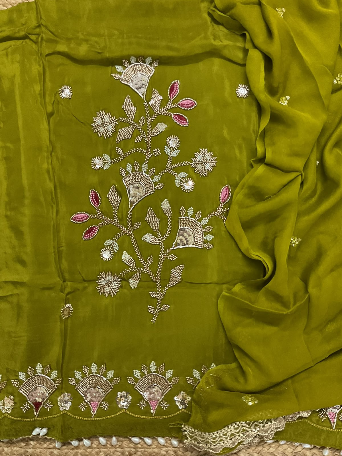 Soft Dola Silk Embroidered Suit - Green