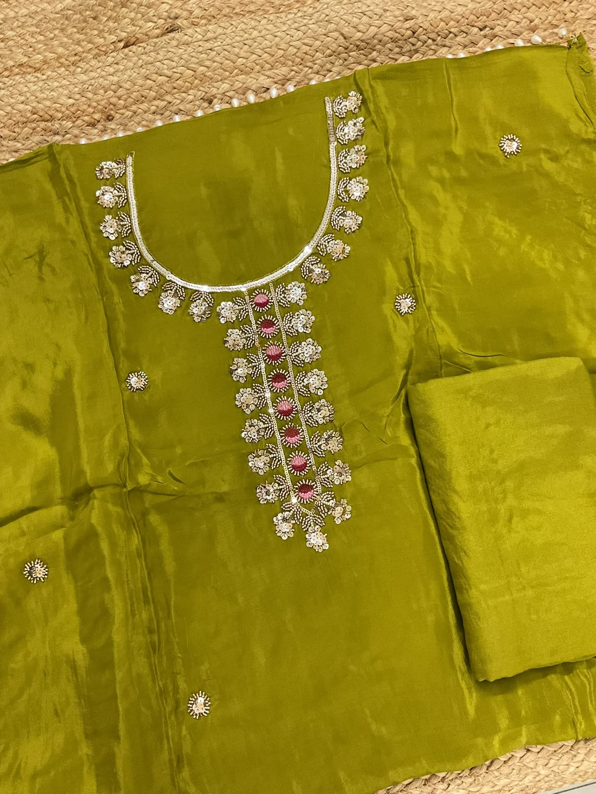 Soft Dola Silk Embroidered Suit - Green