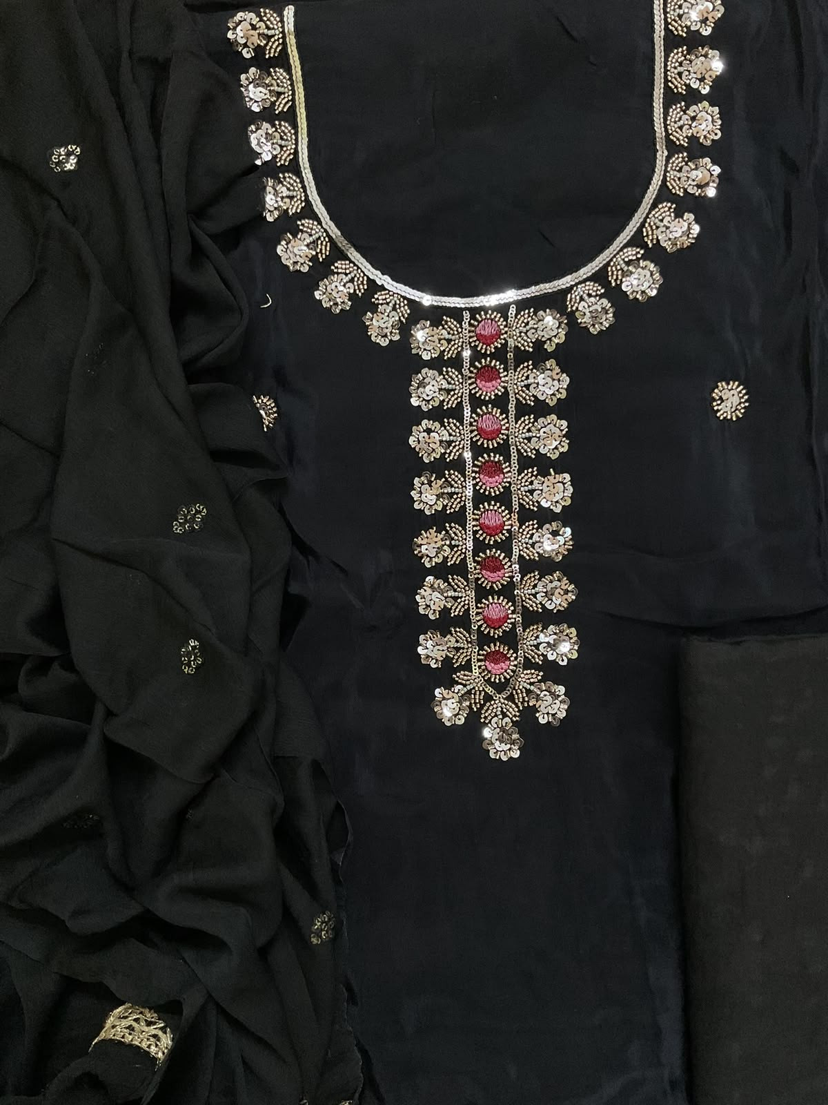 Soft Dola Silk Embroidered Suit - Black