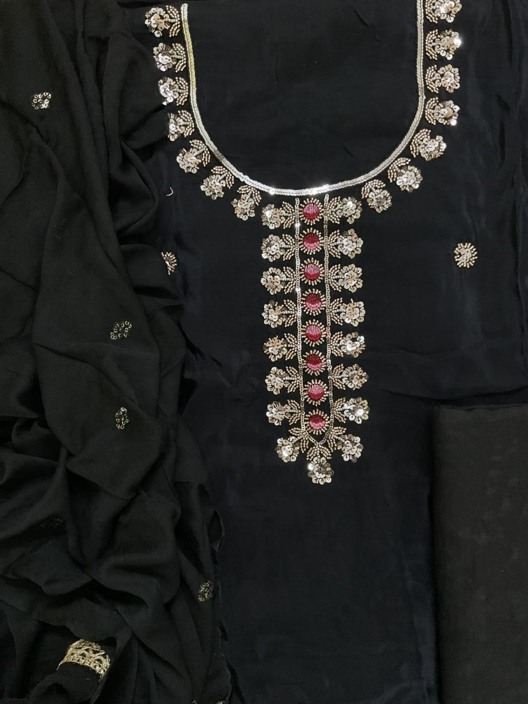 Image of Soft Dola Silk Embroidered Suit - Black