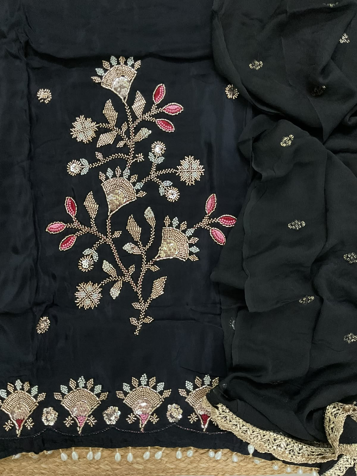 Soft Dola Silk Embroidered Suit - Black