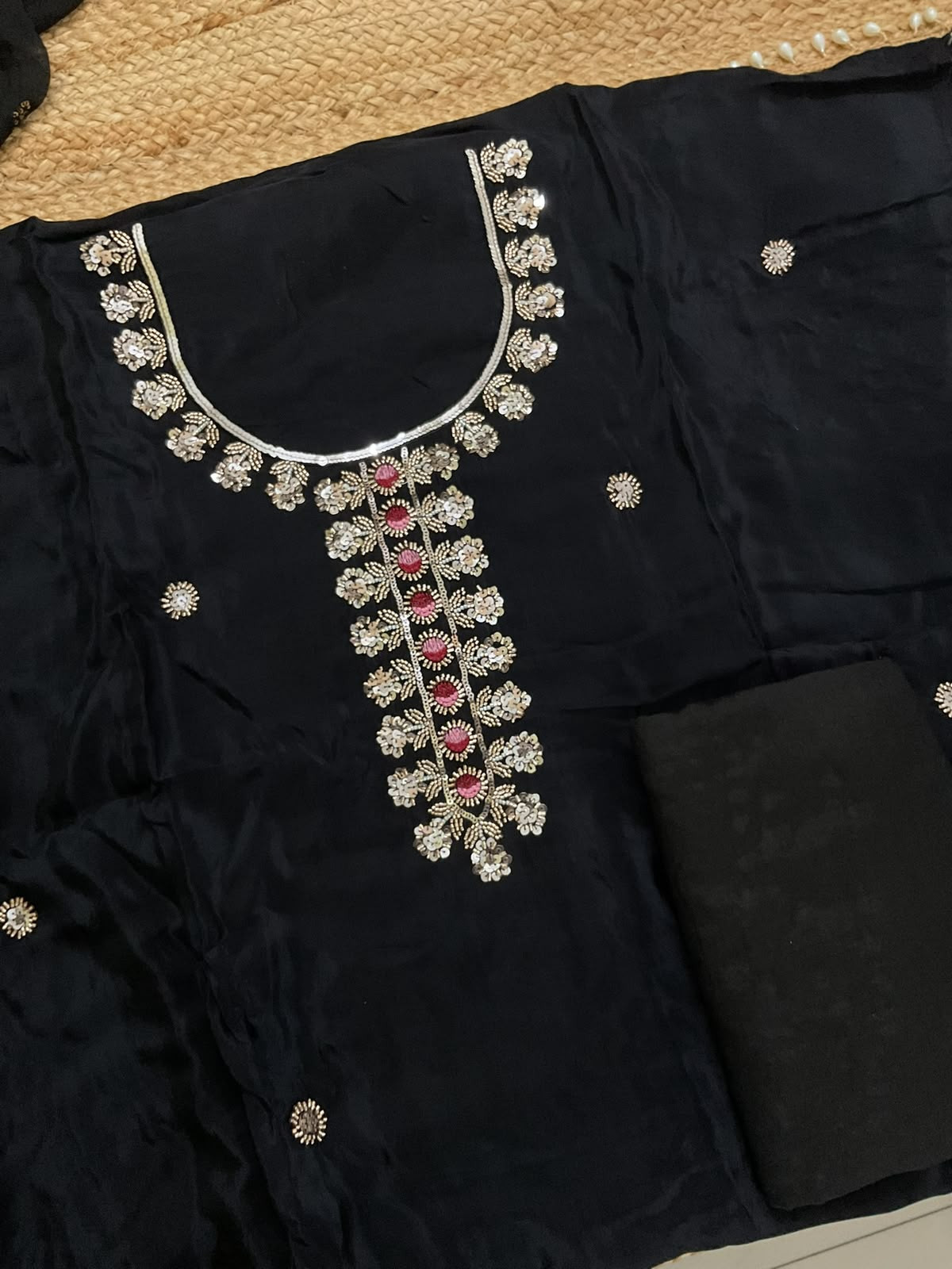 Soft Dola Silk Embroidered Suit - Black