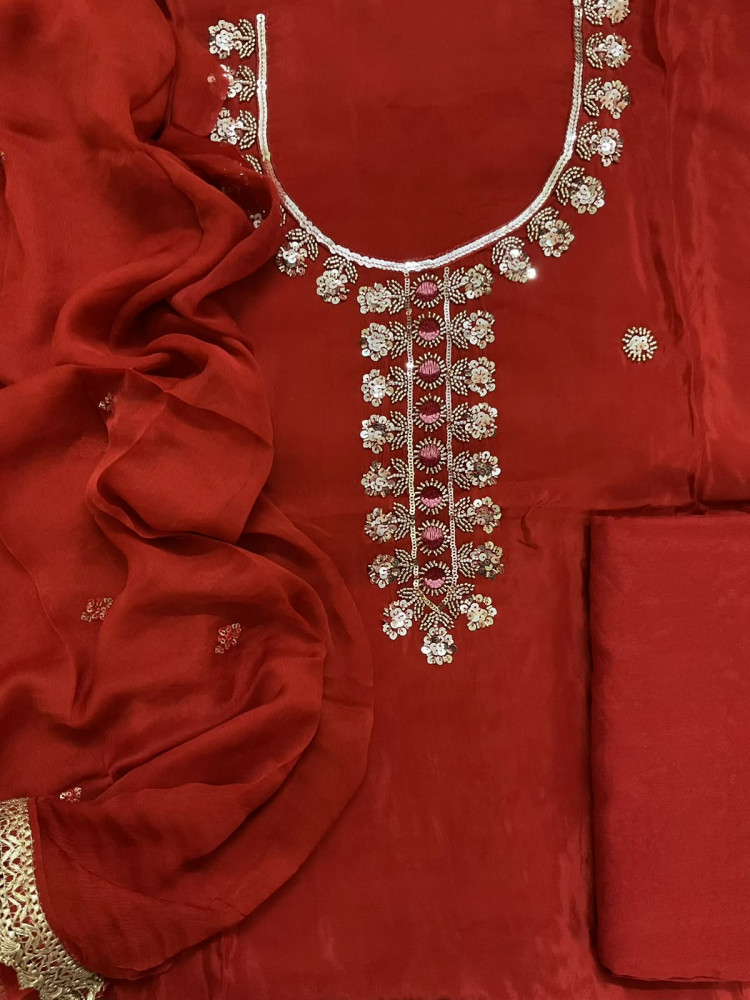 Image of Soft Dola Silk Embroidered Suit - Rustic Red