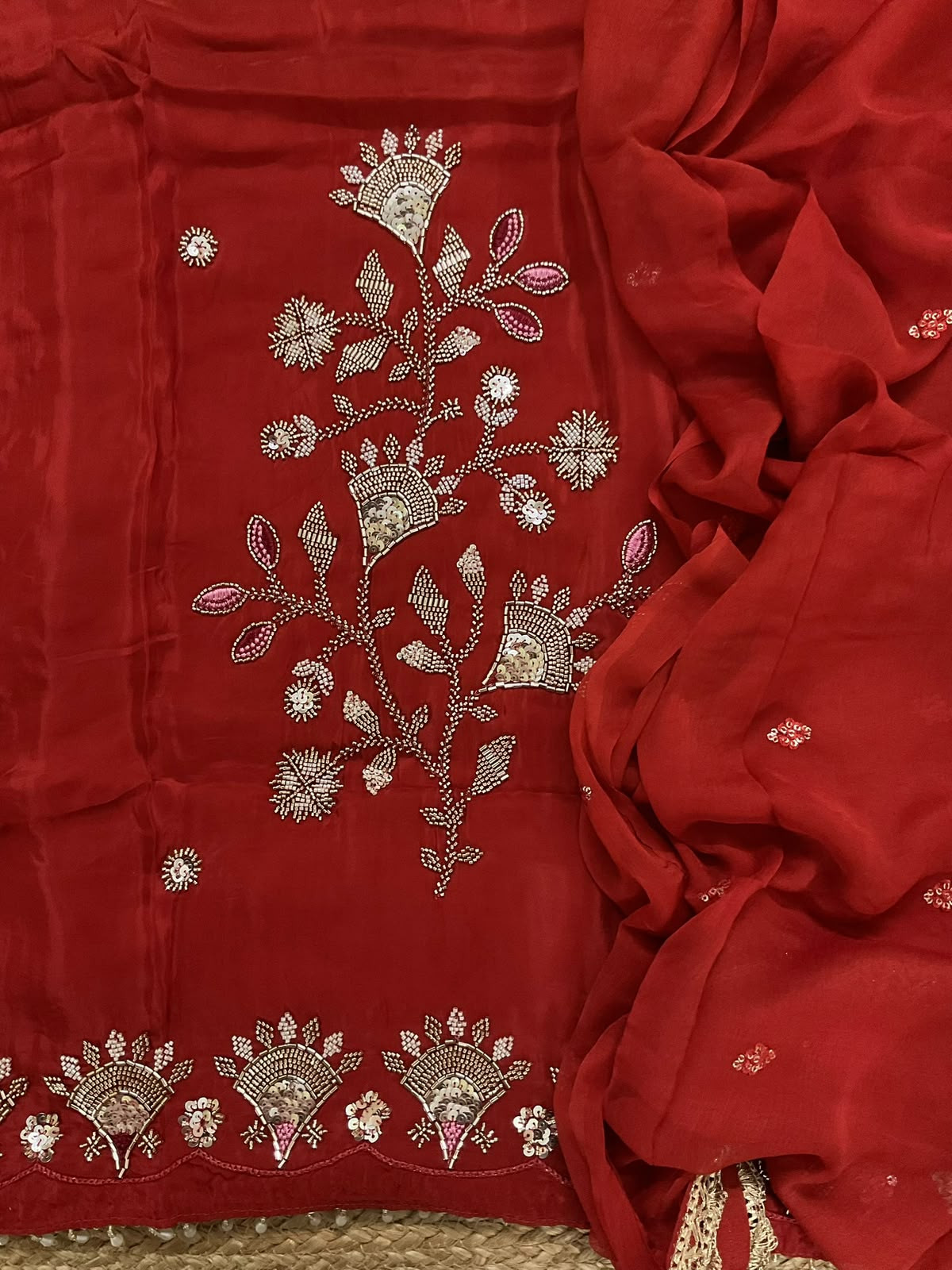Soft Dola Silk Embroidered Suit - Rustic Red