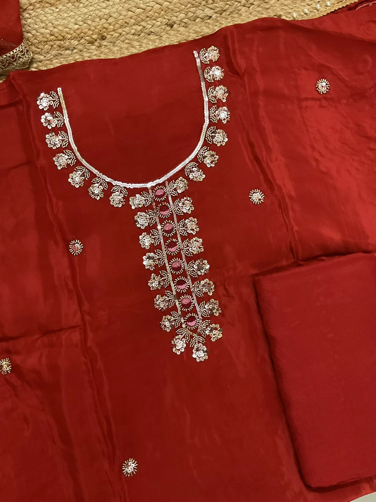 Soft Dola Silk Embroidered Suit - Rustic Red
