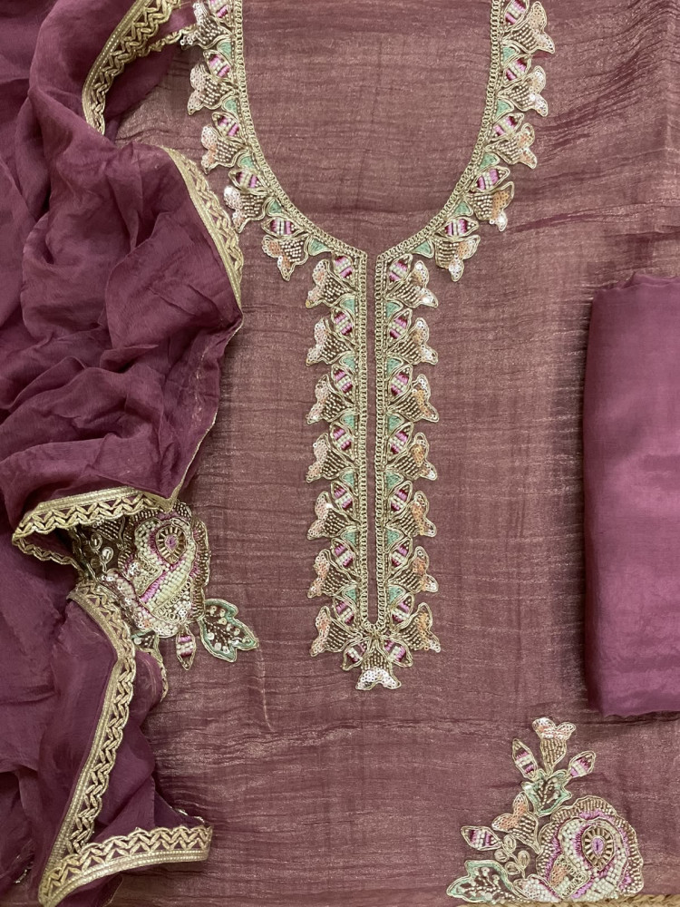 Image of Soft Crushed Tissue Embroidered Suit - Mauve