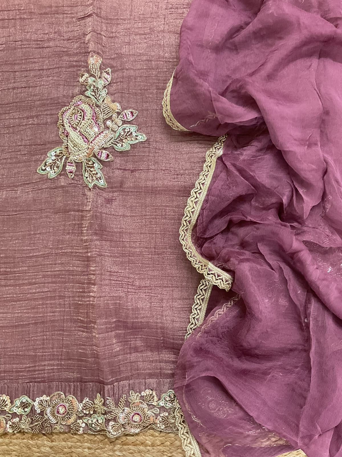Soft Crushed Tissue Embroidered Suit - Mauve