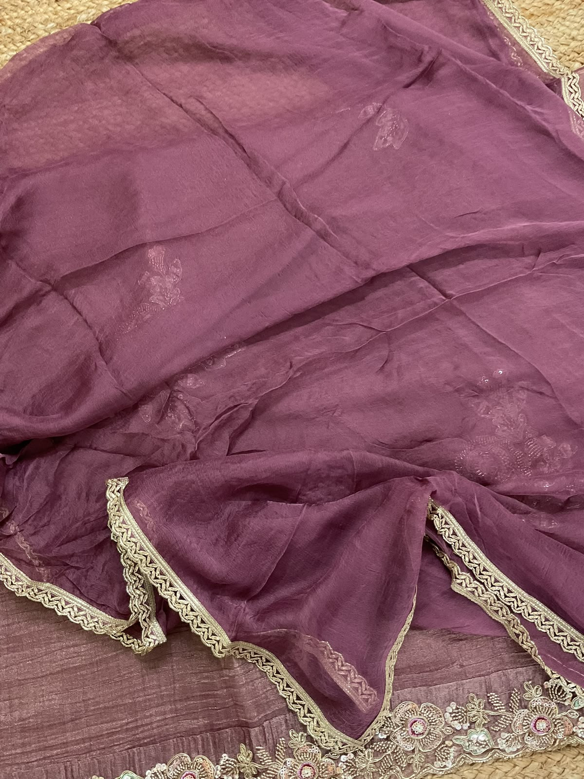 Soft Crushed Tissue Embroidered Suit - Mauve