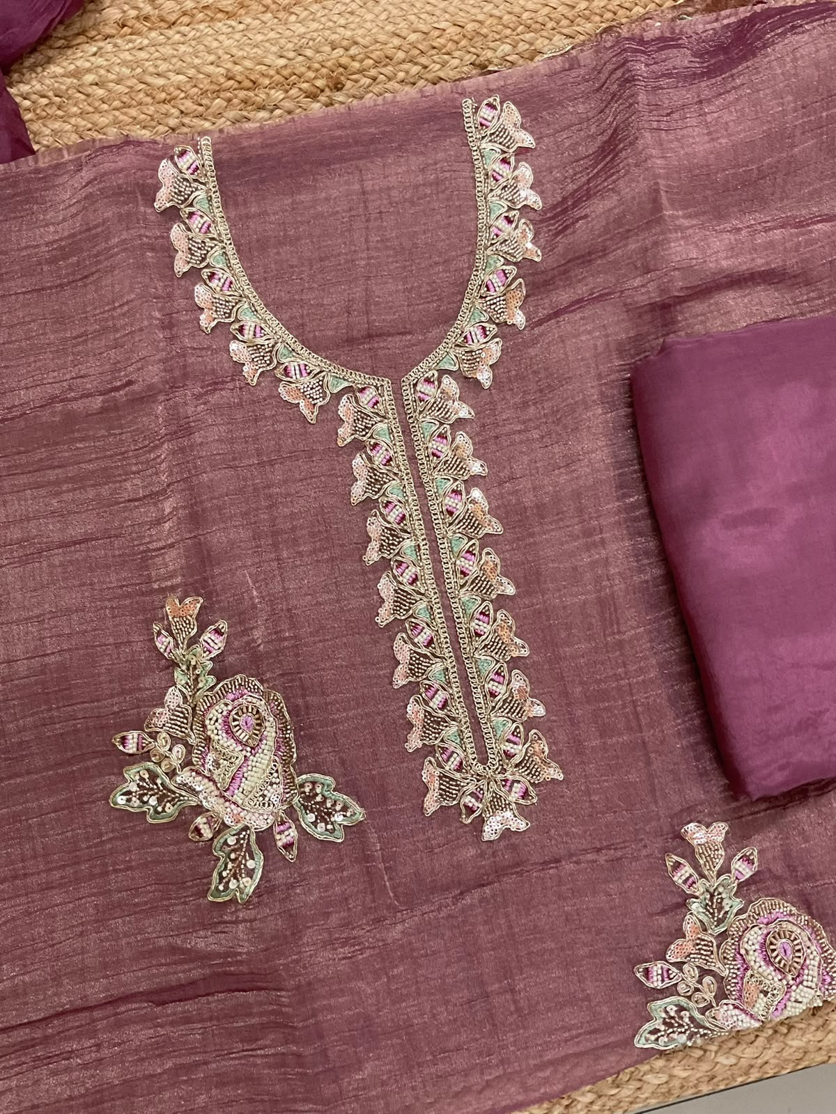 Soft Crushed Tissue Embroidered Suit - Mauve