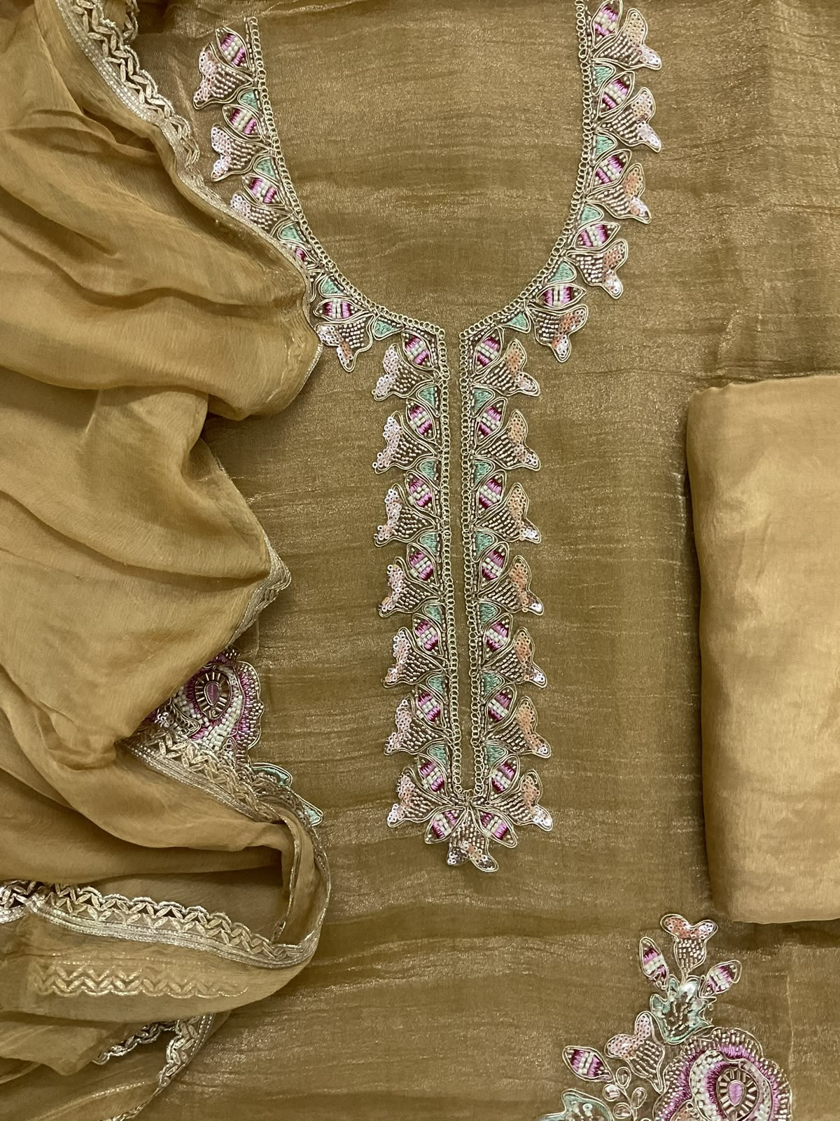 Soft Crushed Tissue Embroidered Suit - Yellow