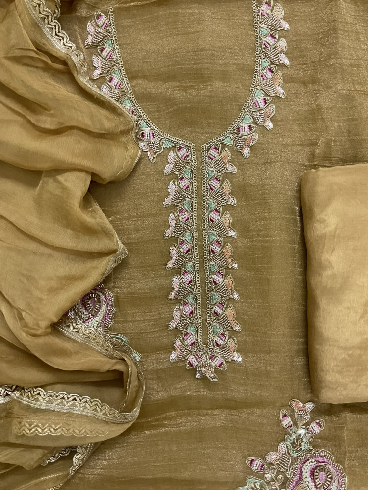 Image of Soft Crushed Tissue Embroidered Suit - Yellow