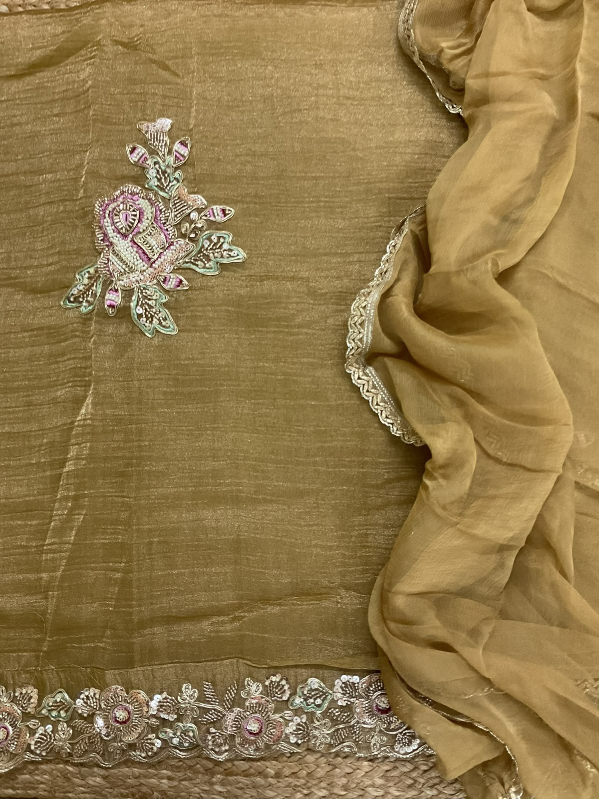 Soft Crushed Tissue Embroidered Suit - Yellow