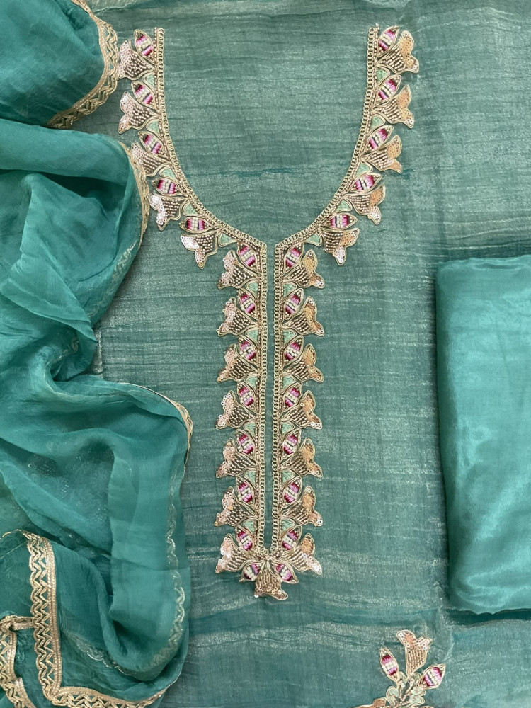 Image of Soft Crushed Tissue Embroidered Suit - Blue