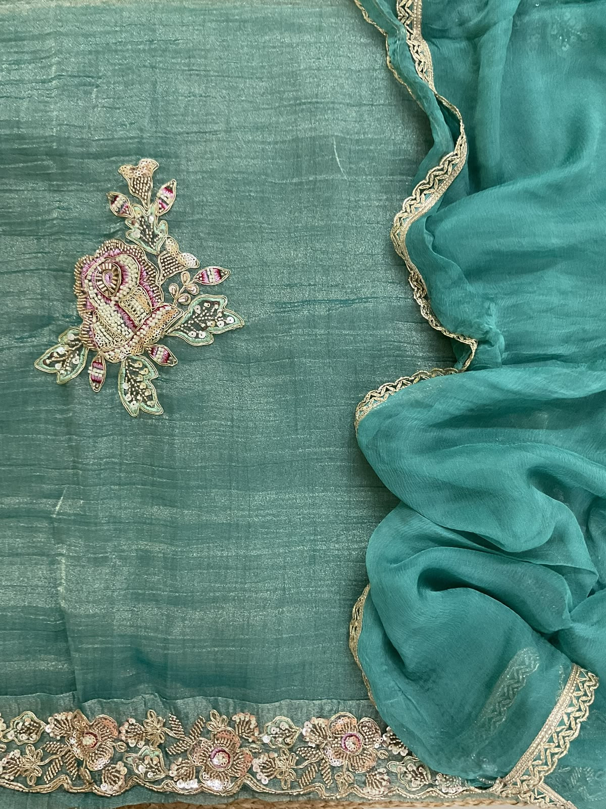 Soft Crushed Tissue Embroidered Suit - Blue