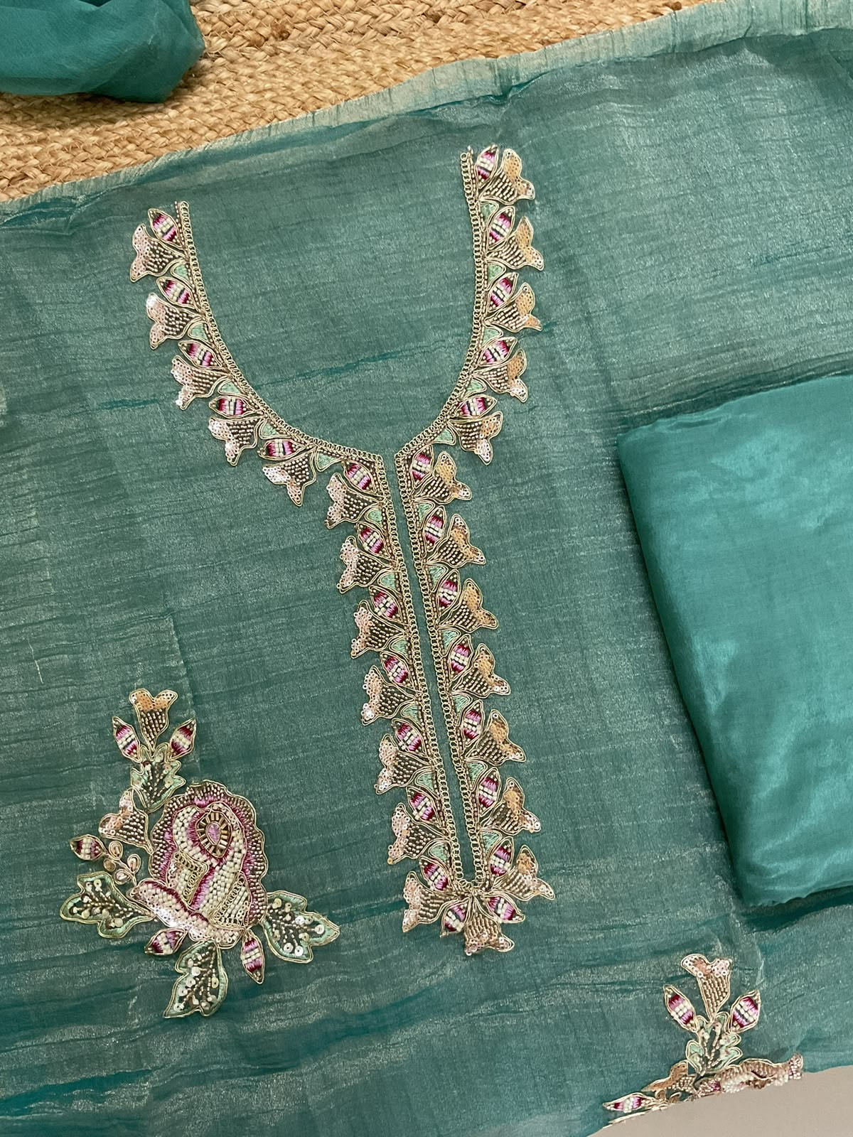 Soft Crushed Tissue Embroidered Suit - Blue