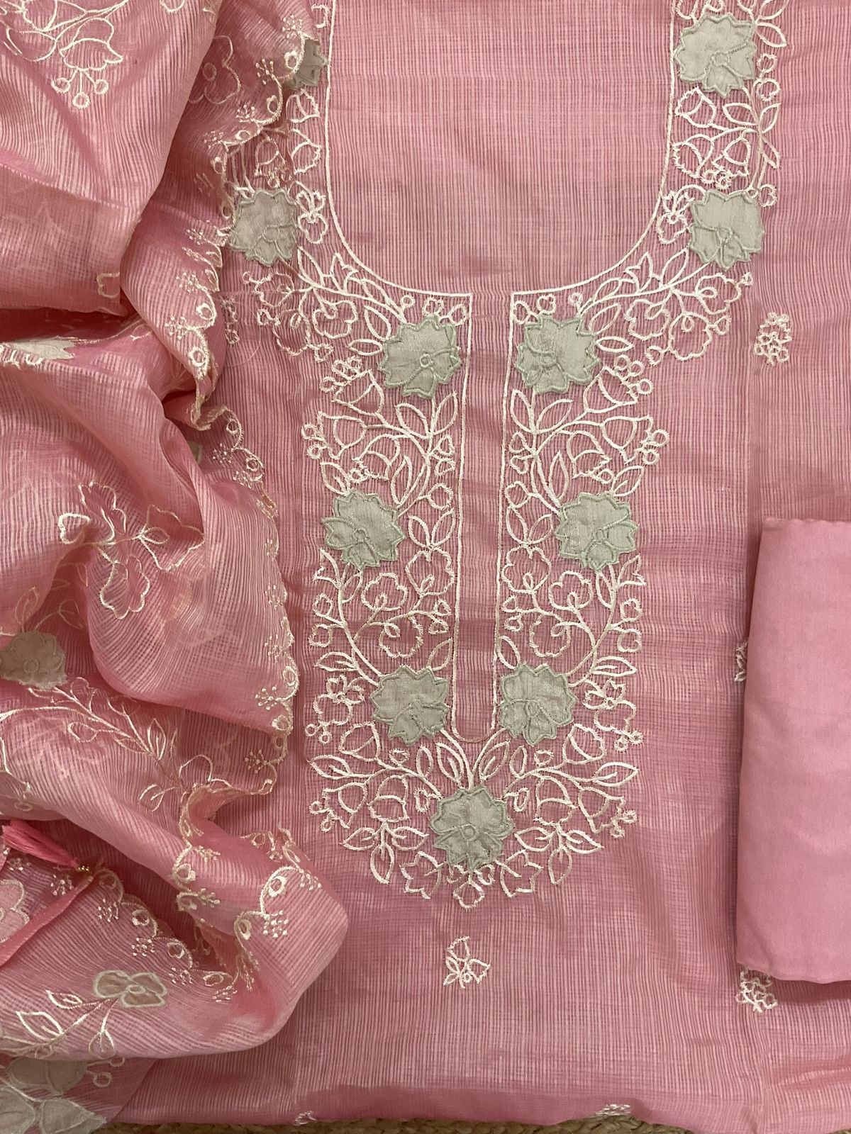 Soft Kota Silk Embroidered Suit - Pink