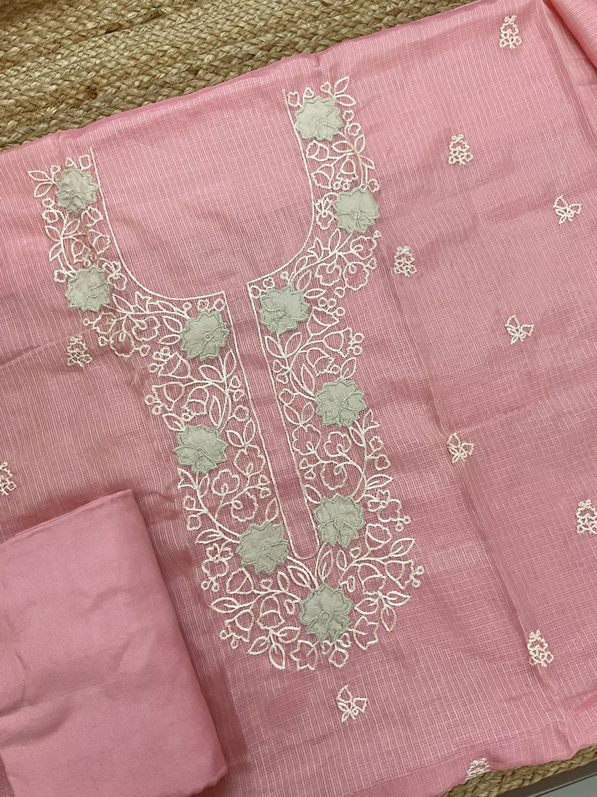 Soft Kota Silk Embroidered Suit - Pink