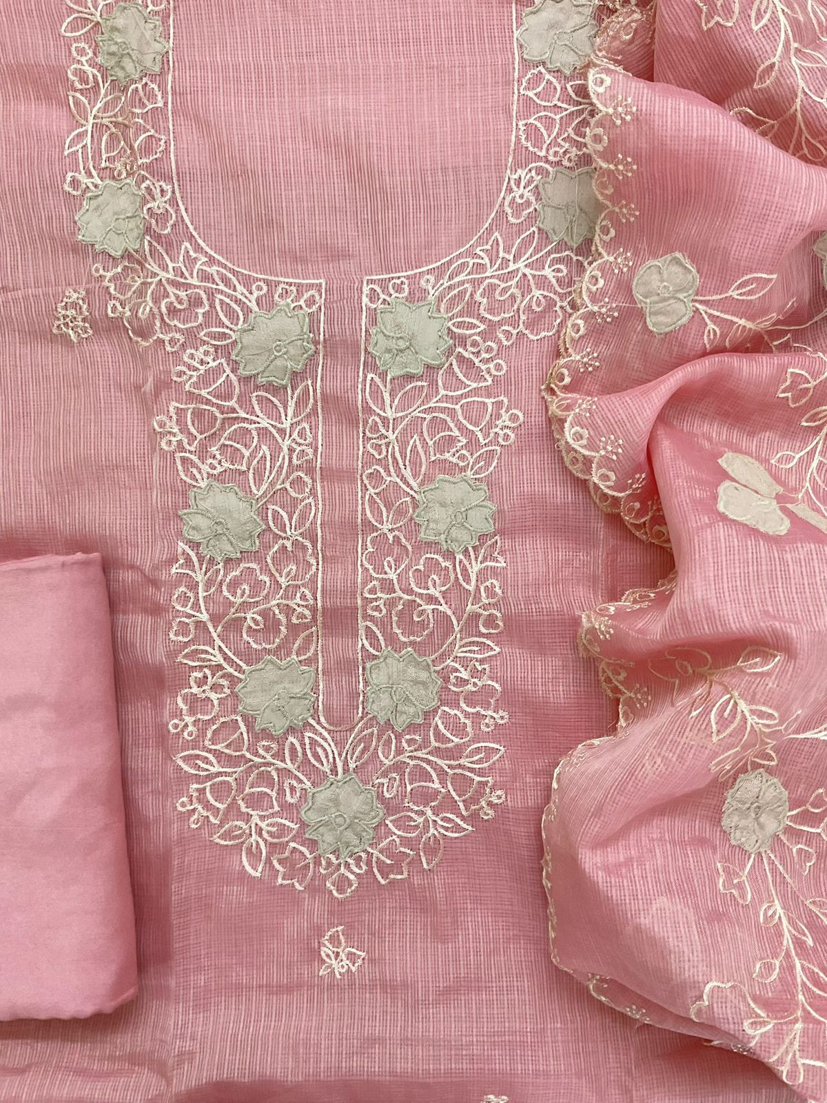 Soft Kota Silk Embroidered Suit - Pink