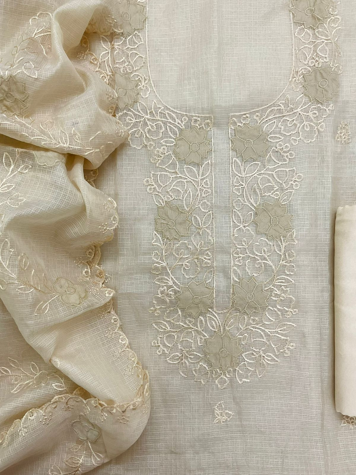 Soft Kota Silk Embroidered Suit - Cream