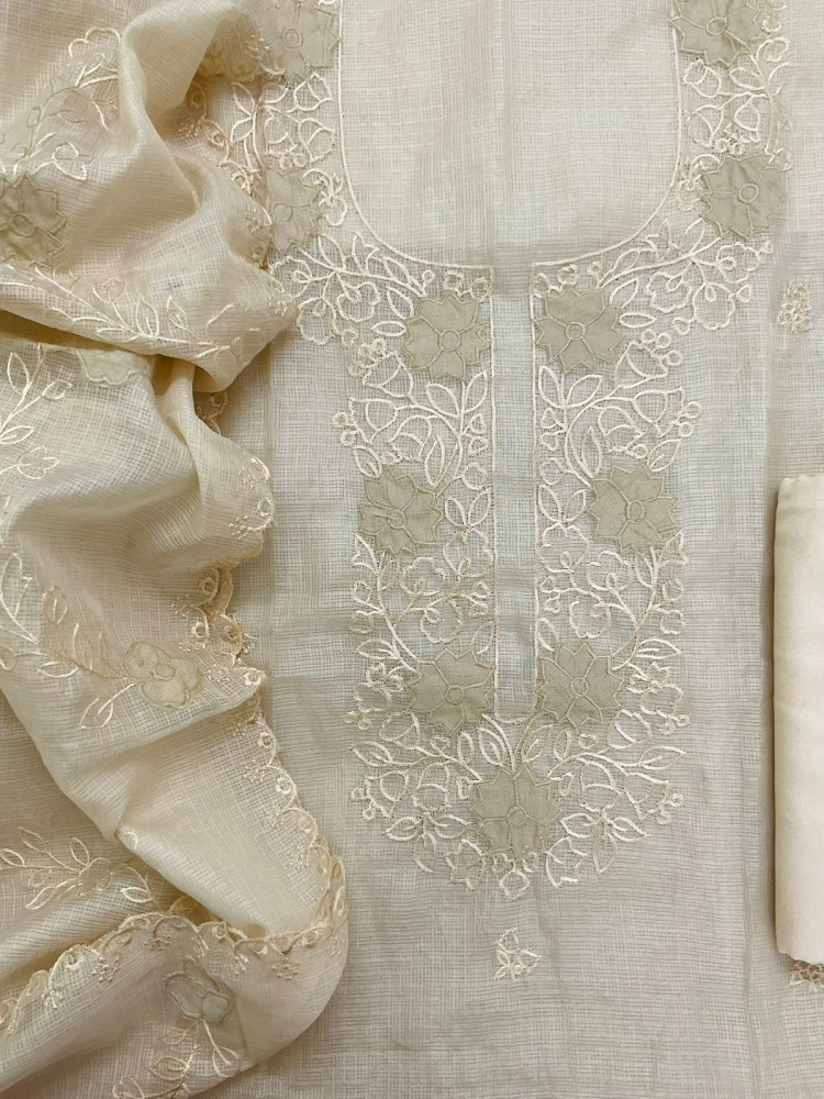 Image of Soft Kota Silk Embroidered Suit - Cream
