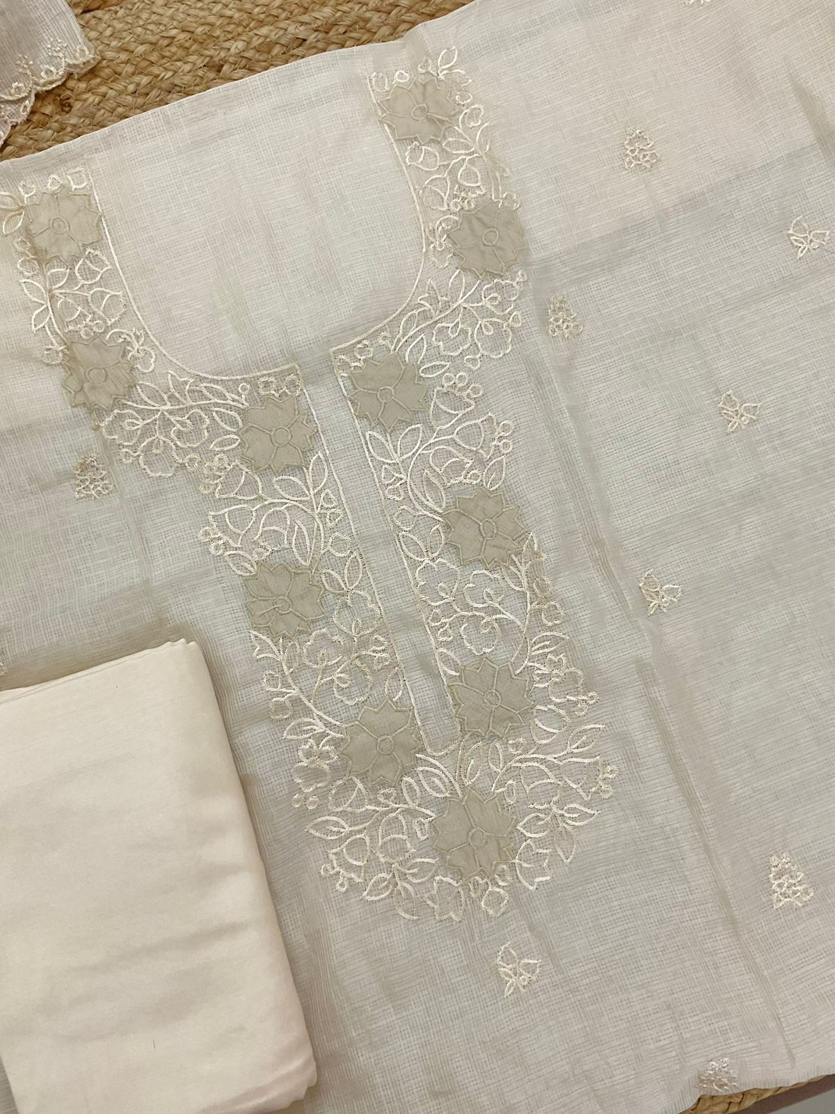 Soft Kota Silk Embroidered Suit - Cream