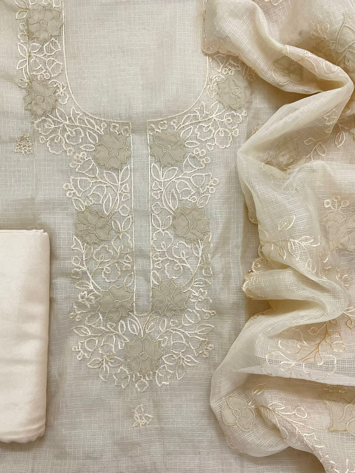 Soft Kota Silk Embroidered Suit - Cream
