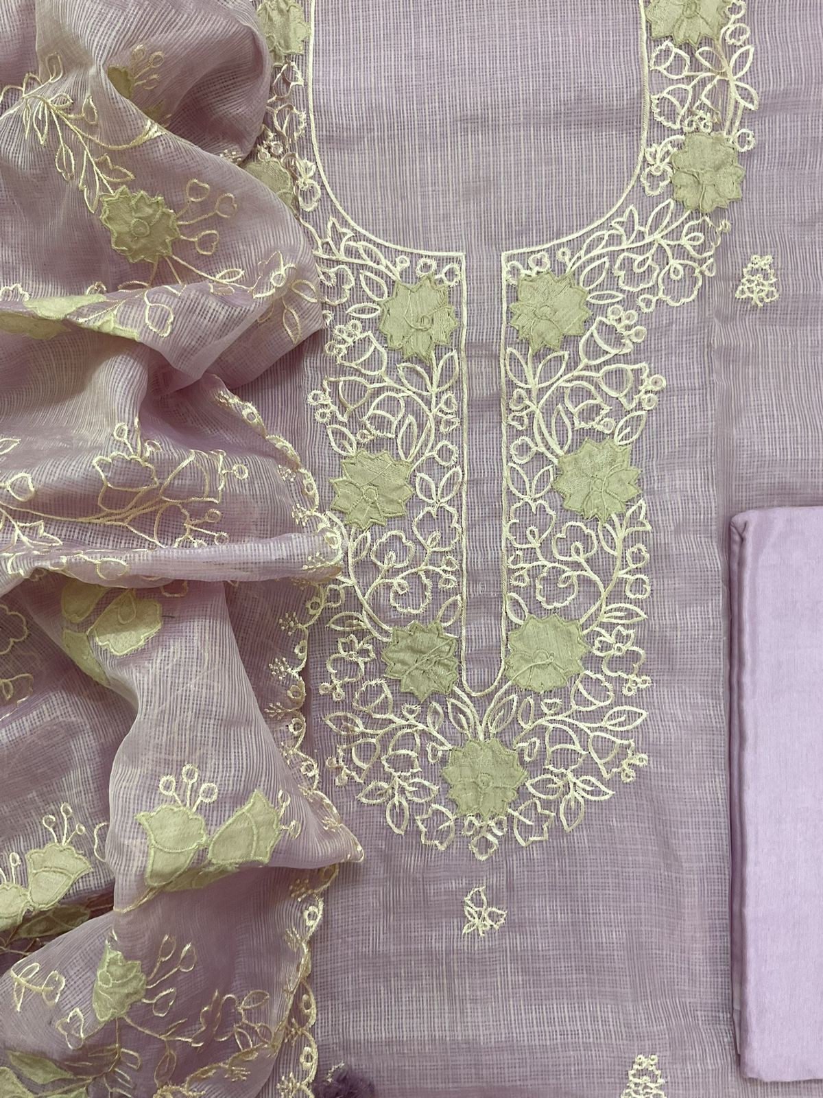 Soft Kota Silk Embroidered Suit - Lavender
