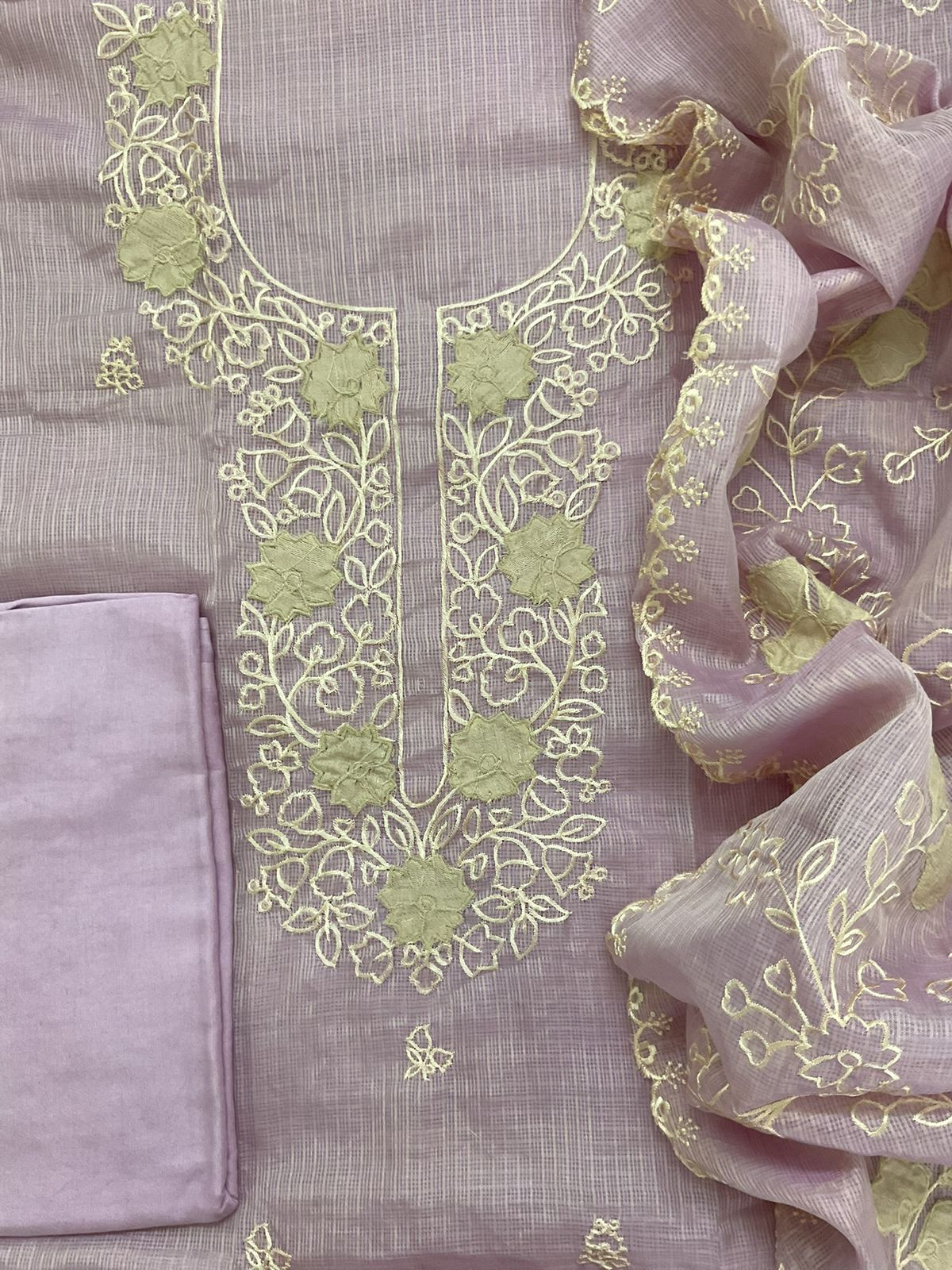 Soft Kota Silk Embroidered Suit - Lavender