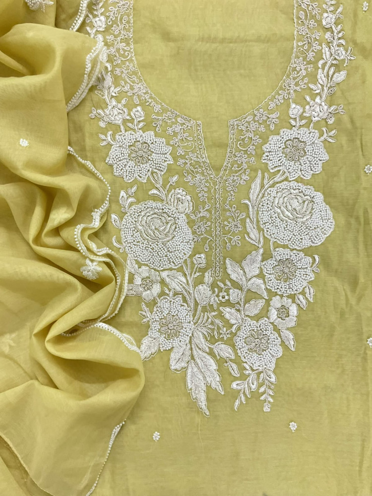 Image of Soft Fine Chanderi Embroidered Suit - Yellow