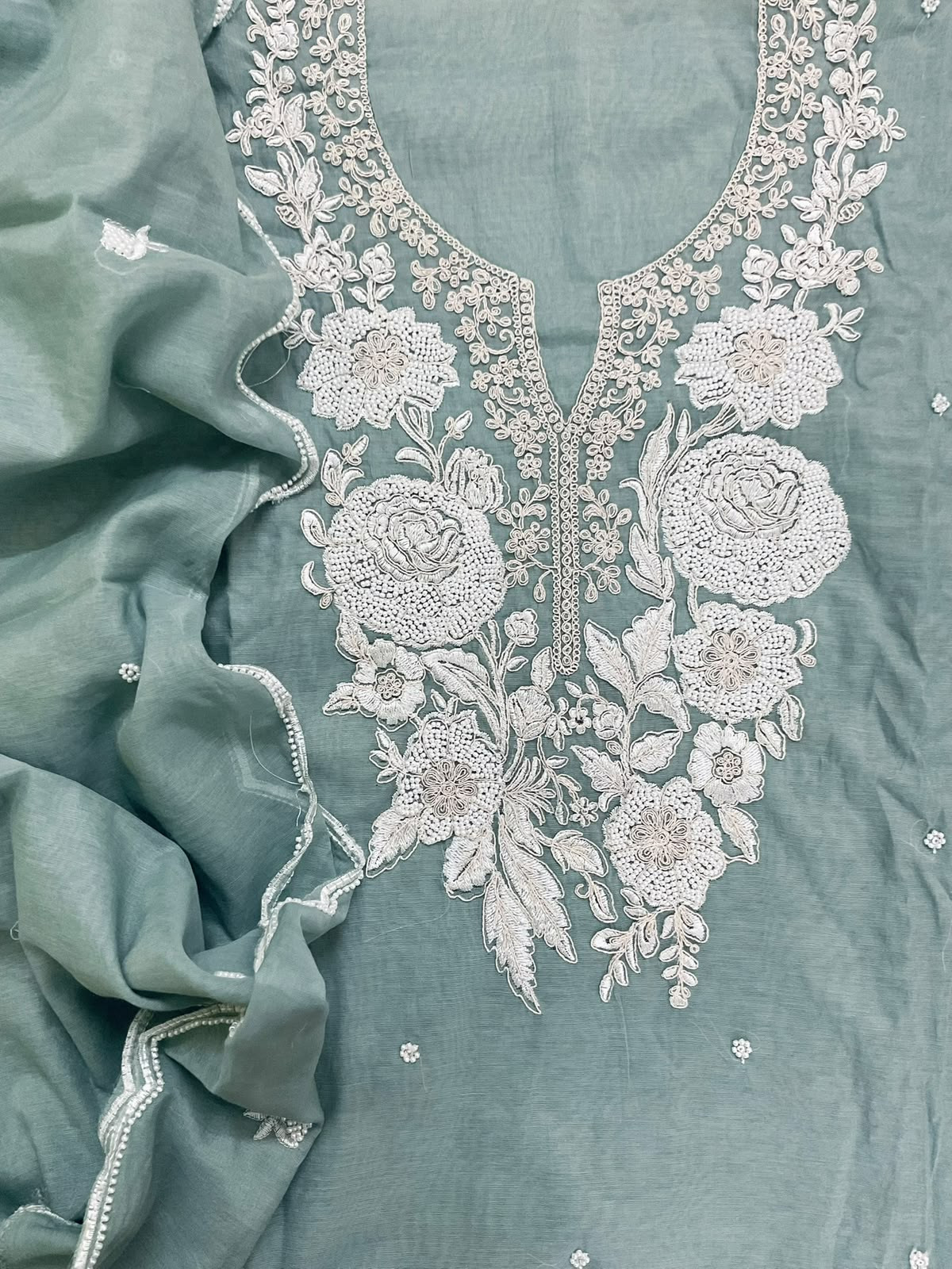 Soft Fine Chanderi Embroidered Suit - Grey