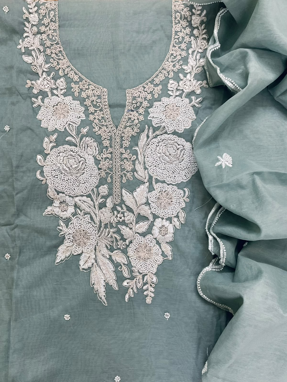 Soft Fine Chanderi Embroidered Suit - Grey