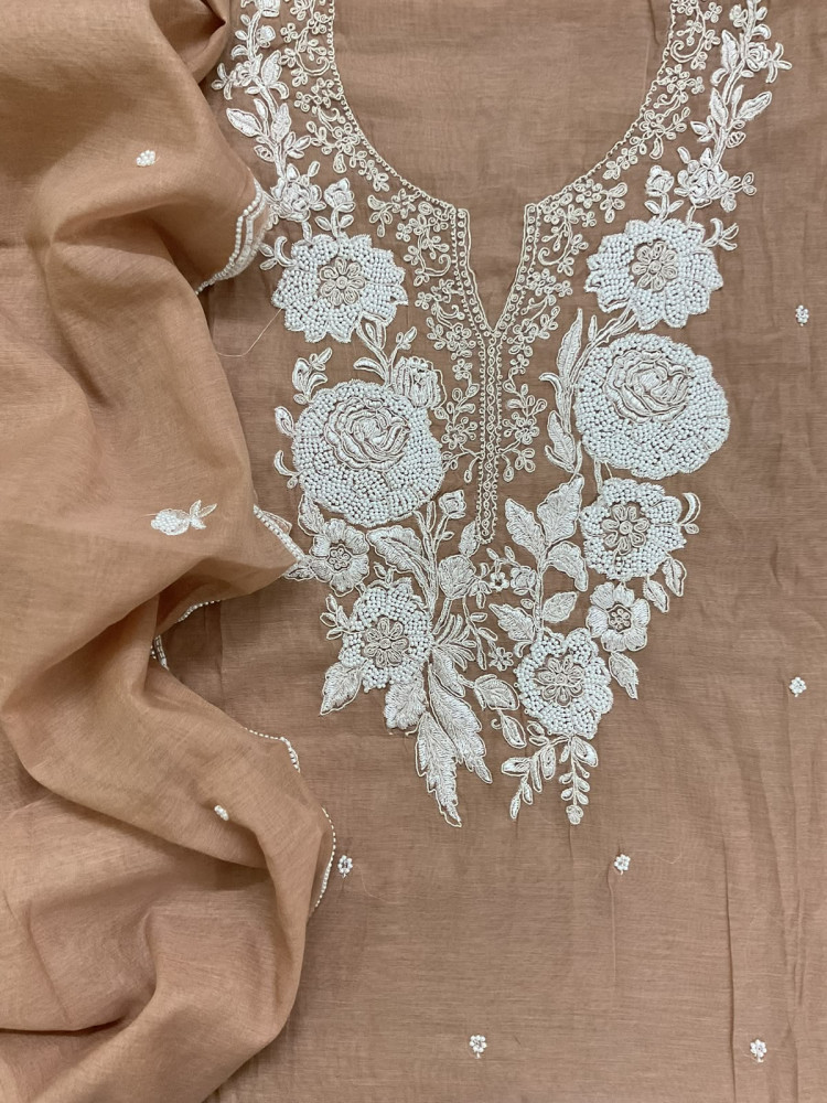 Image of Soft Fine Chanderi Embroidered Suit - Peachish Beige