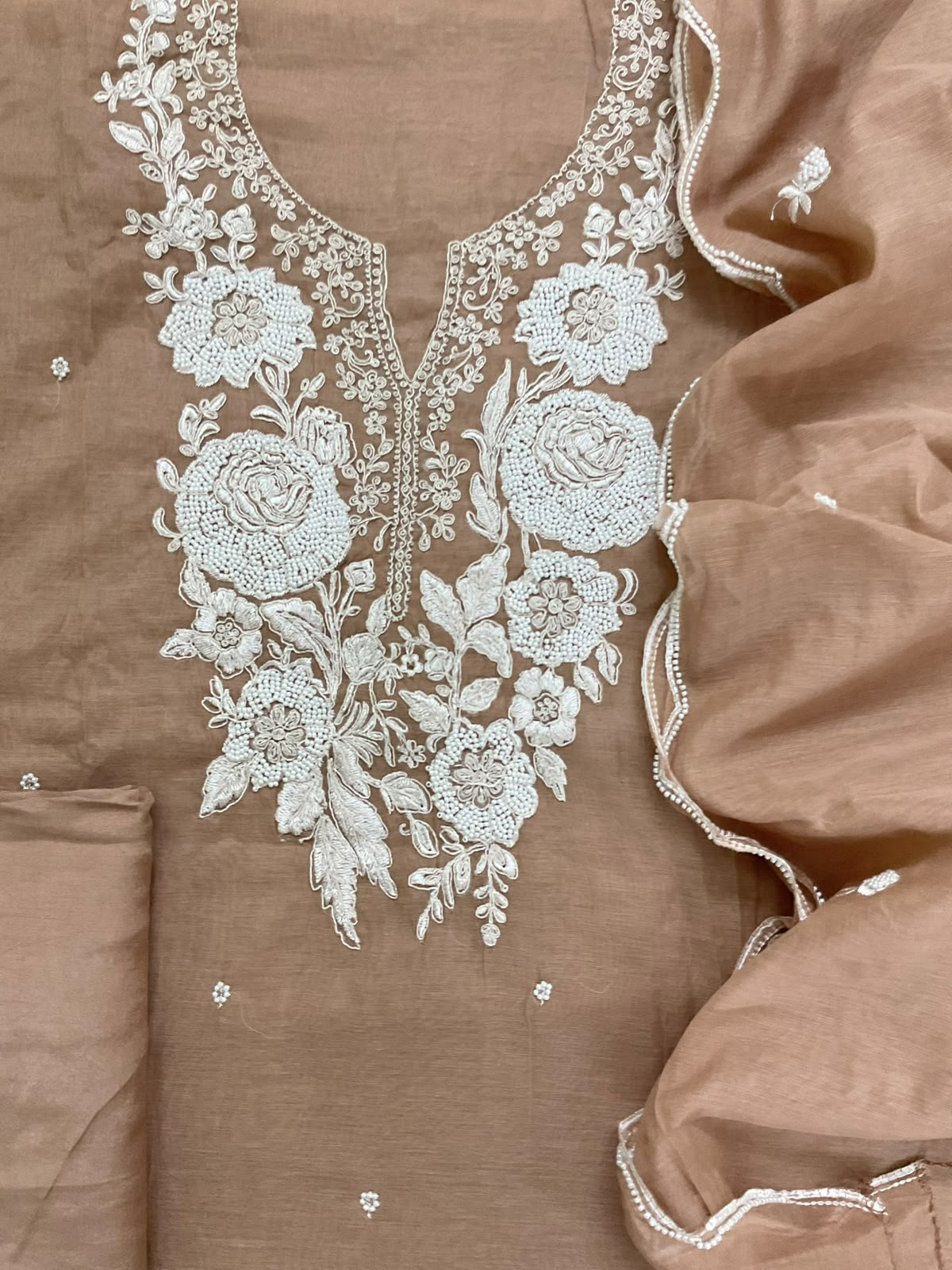 Soft Fine Chanderi Embroidered Suit - Peachish Beige