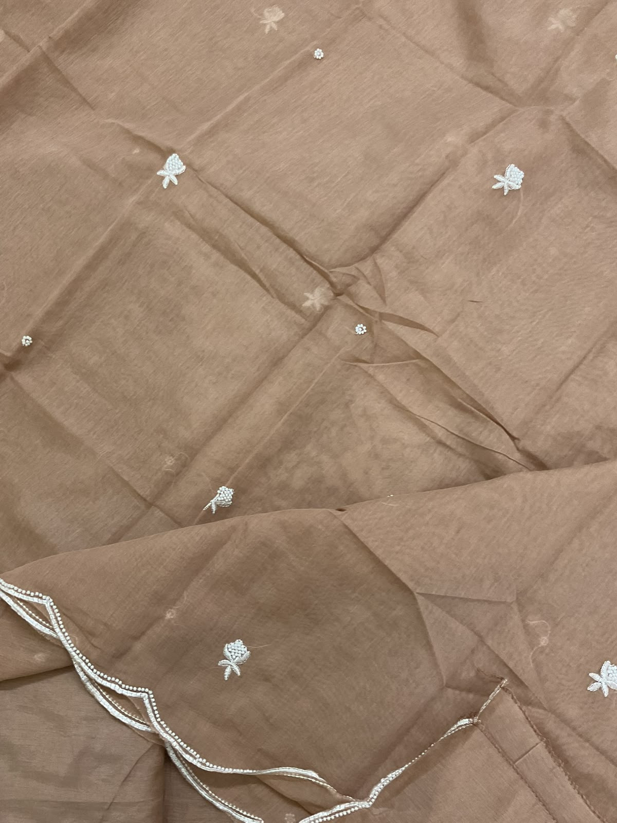 Soft Fine Chanderi Embroidered Suit - Peachish Beige