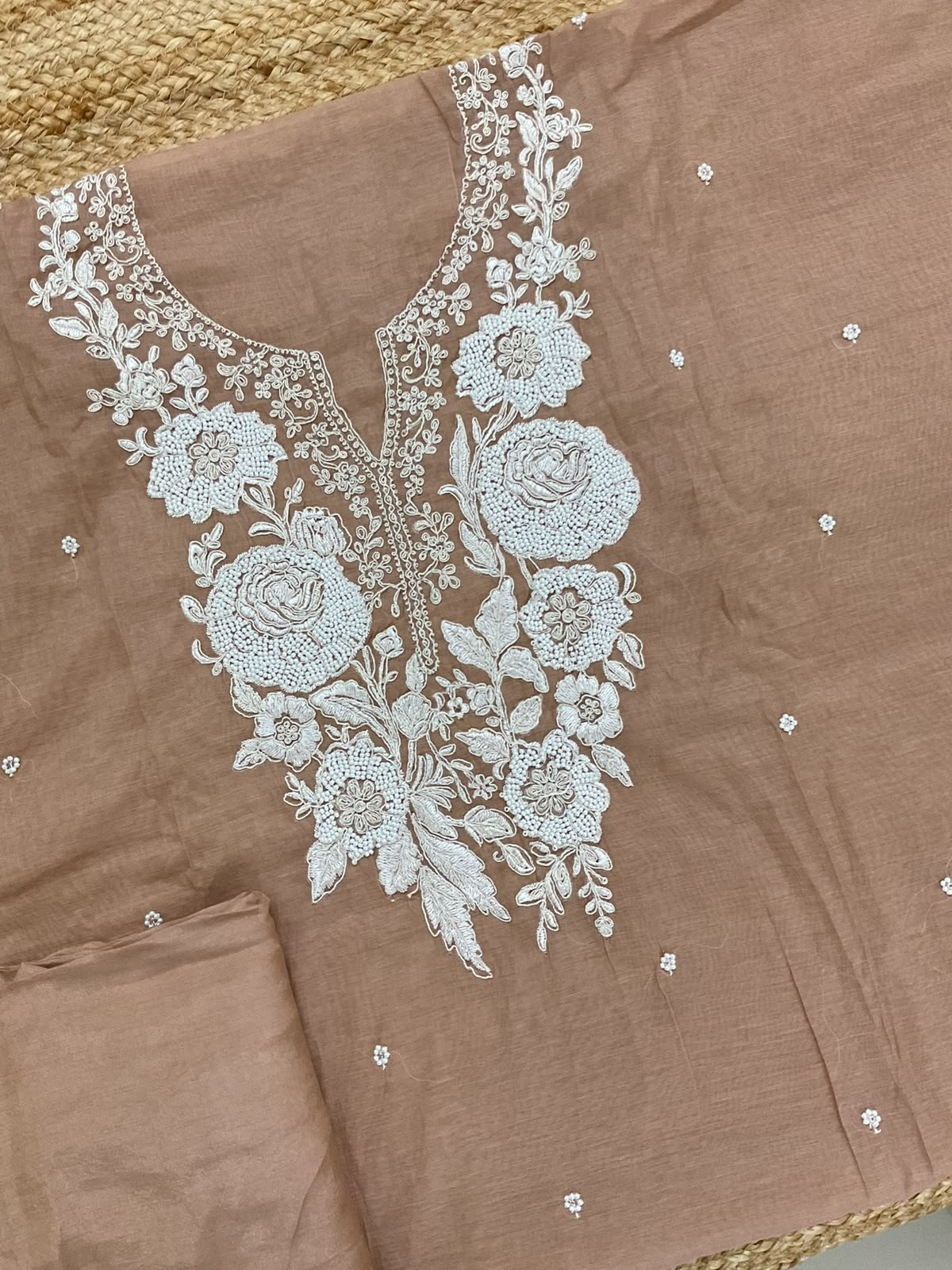 Soft Fine Chanderi Embroidered Suit - Peachish Beige