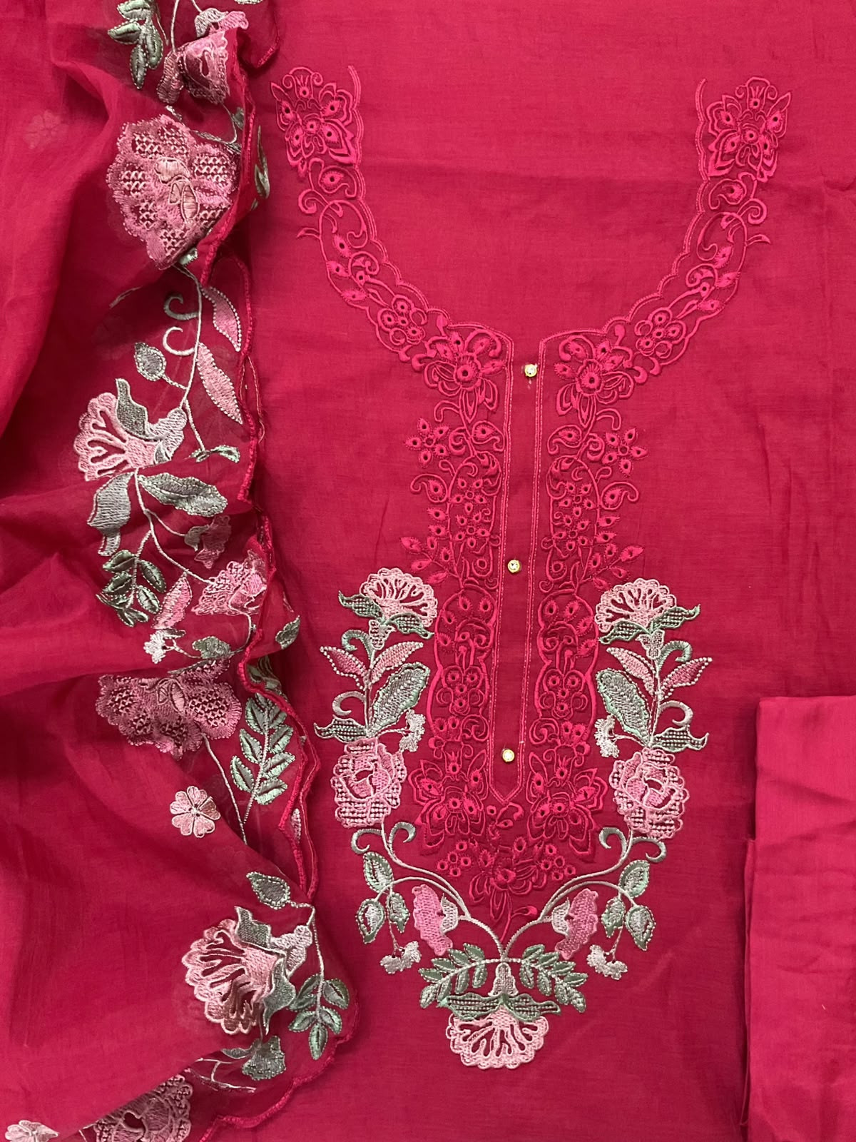 Soft Fine Chanderi Embroidered Suit - Dark Pink