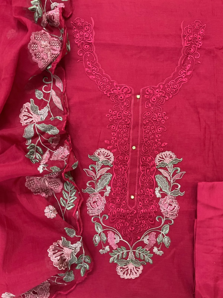 Image of Soft Fine Chanderi Embroidered Suit - Dark Pink