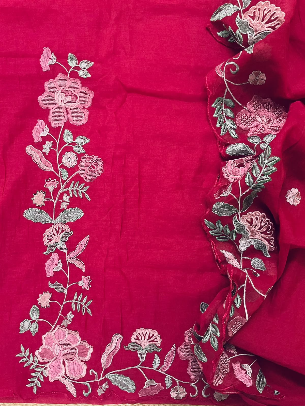 Soft Fine Chanderi Embroidered Suit - Dark Pink