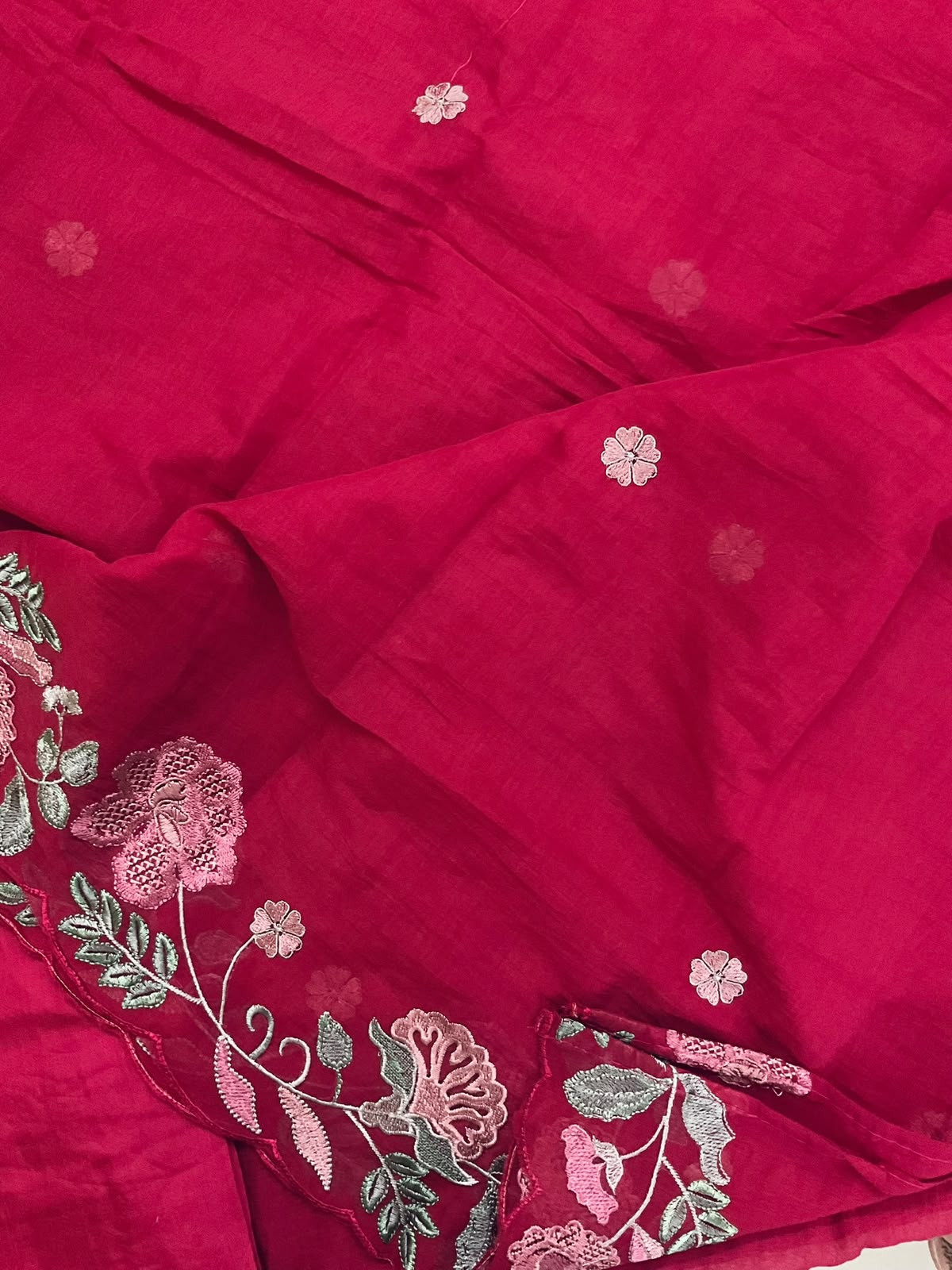 Soft Fine Chanderi Embroidered Suit - Dark Pink