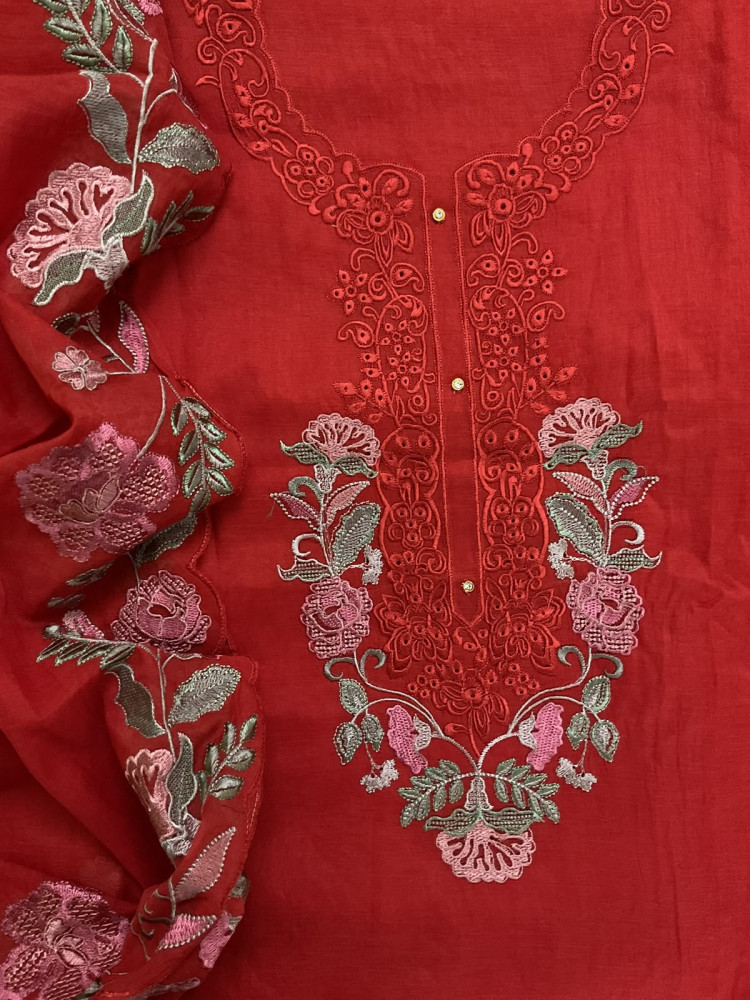 Image of Soft Fine Chanderi Embroidered Suit - Rustic Orange