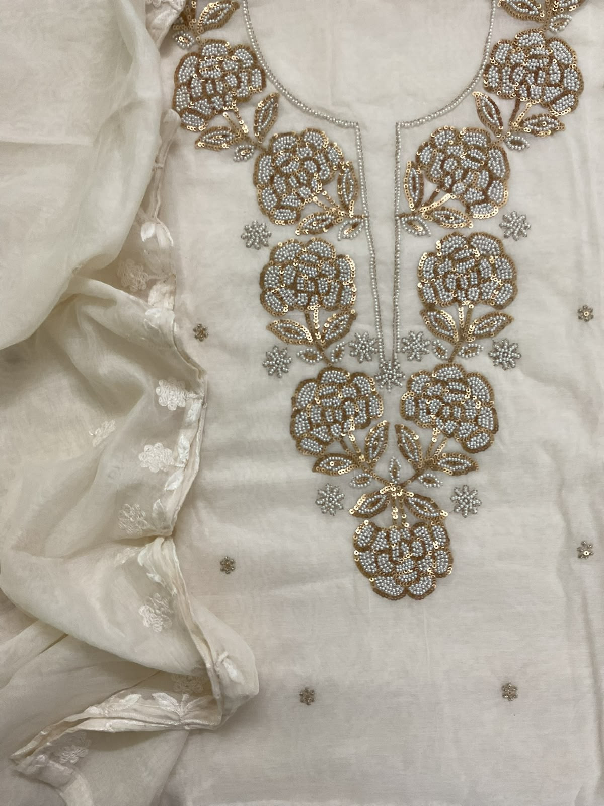 Soft Fine Chanderi Embroidered Suit - Off White