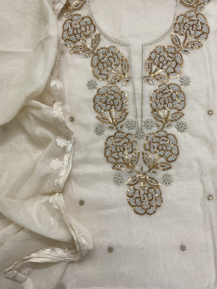 Image of Soft Fine Chanderi Embroidered Suit - Off White