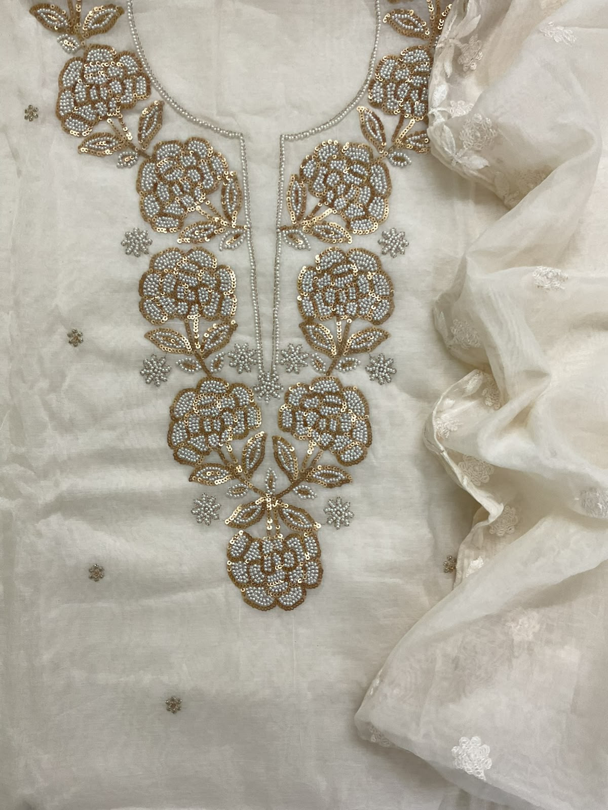 Soft Fine Chanderi Embroidered Suit - Off White