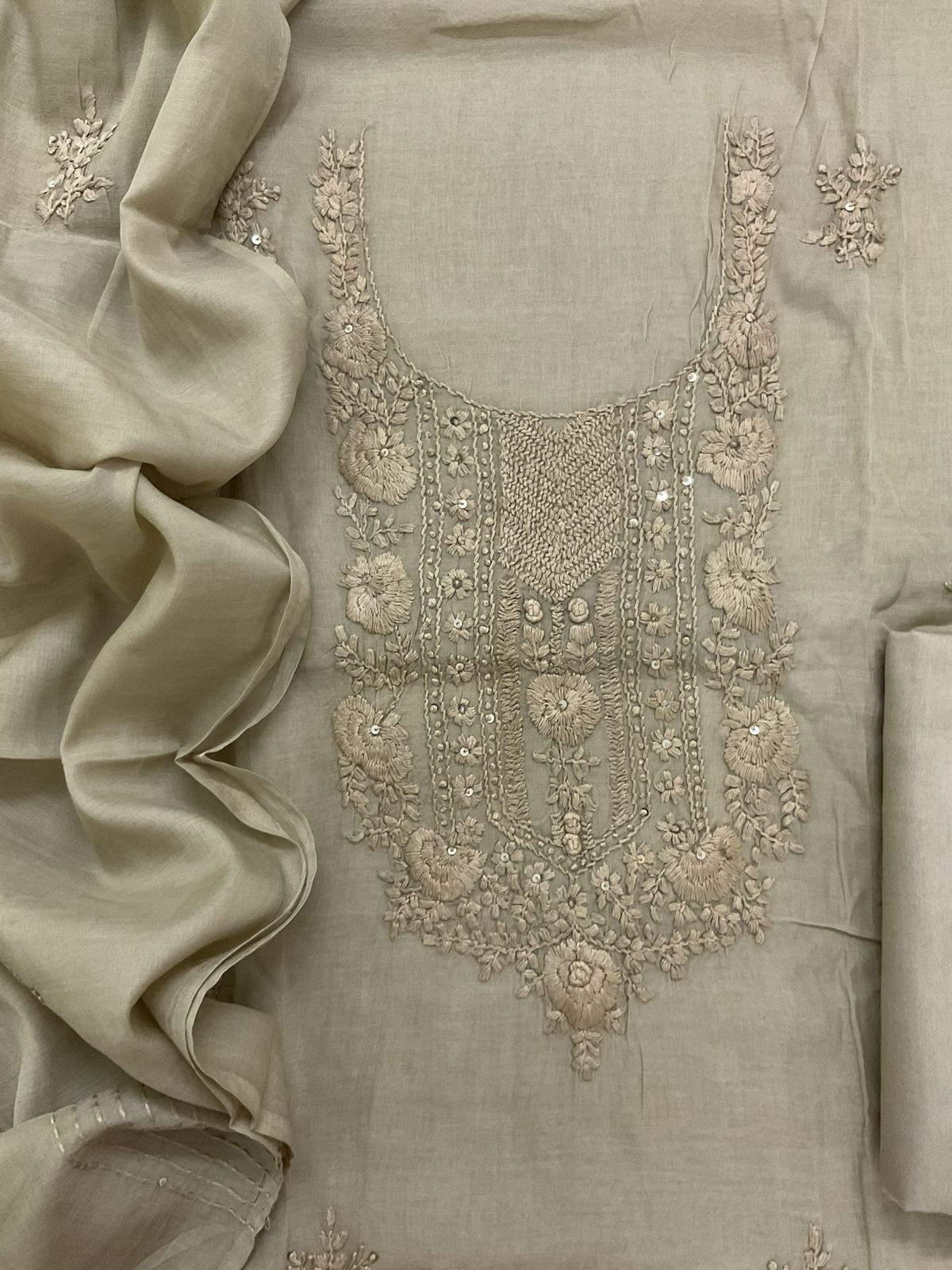Soft Chanderi Embroidered Suit - Beige