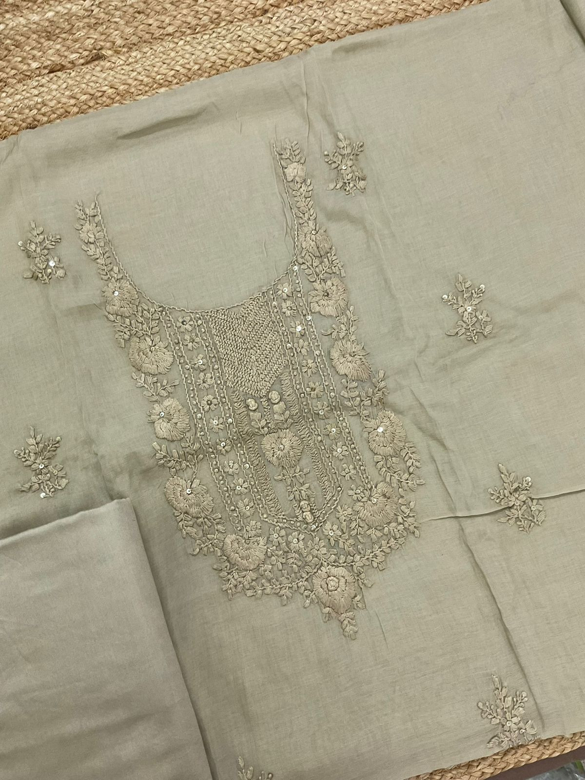 Soft Chanderi Embroidered Suit - Beige