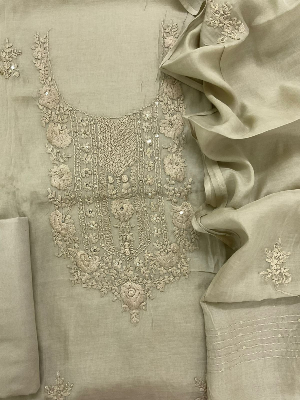 Soft Chanderi Embroidered Suit - Beige