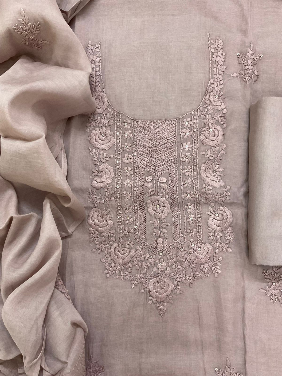 Soft Chanderi Embroidered Suit - Mauve