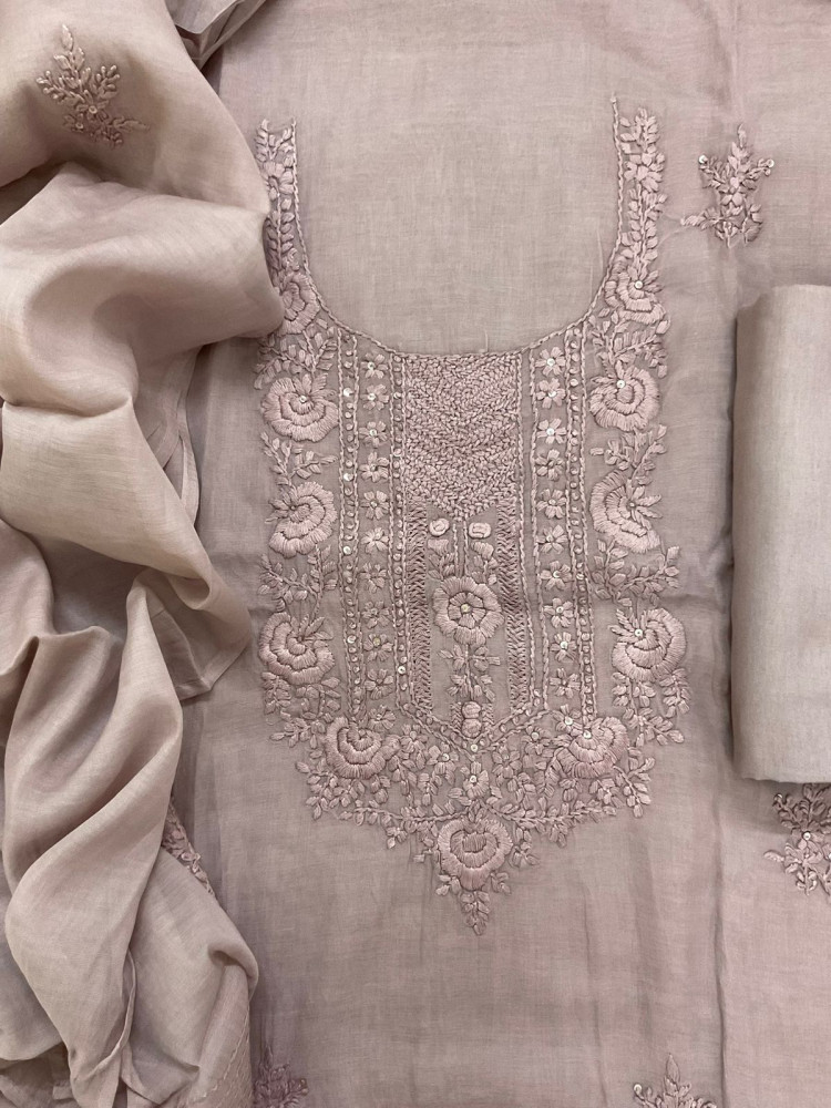 Image of Soft Chanderi Embroidered Suit - Mauve