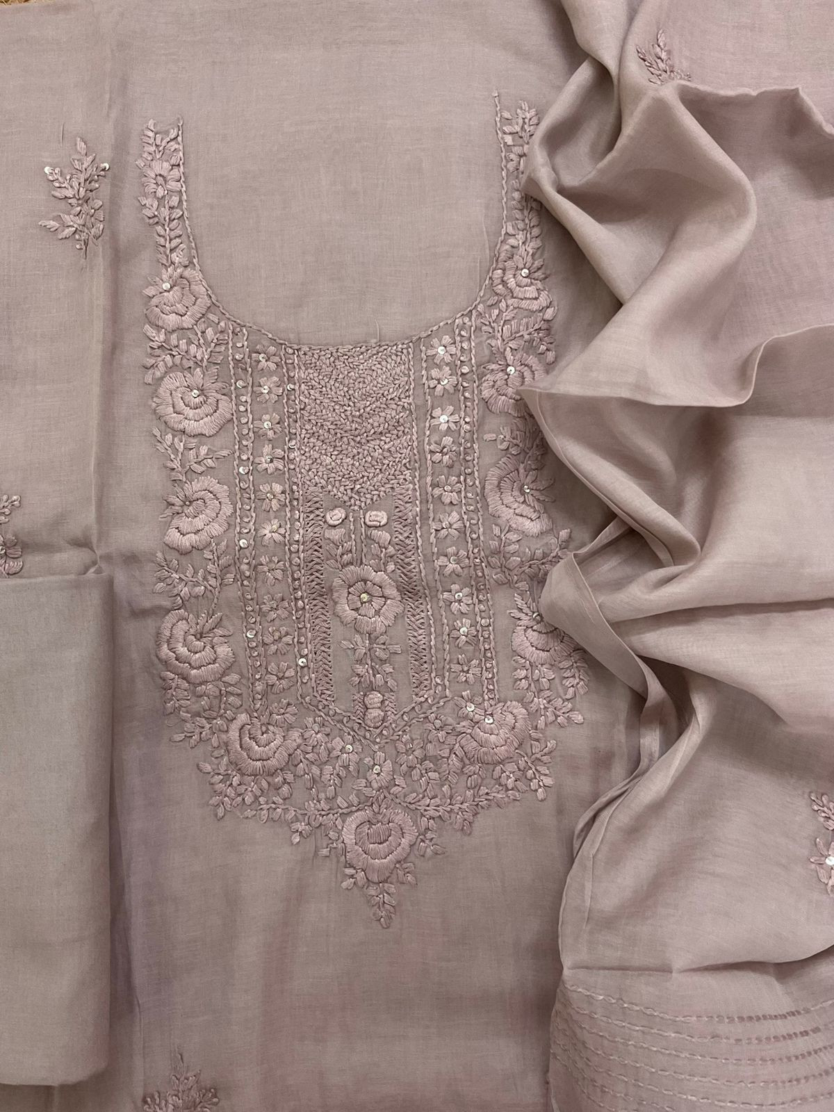 Soft Chanderi Embroidered Suit - Mauve