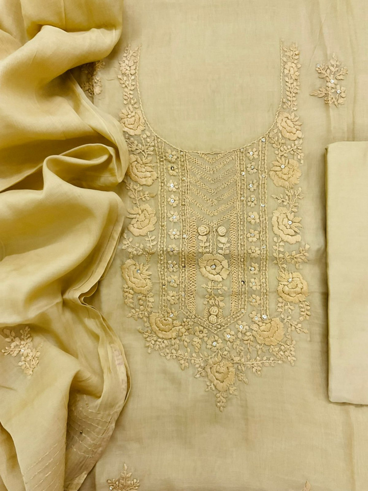 Image of Soft Chanderi Embroidered Suit - Mustard